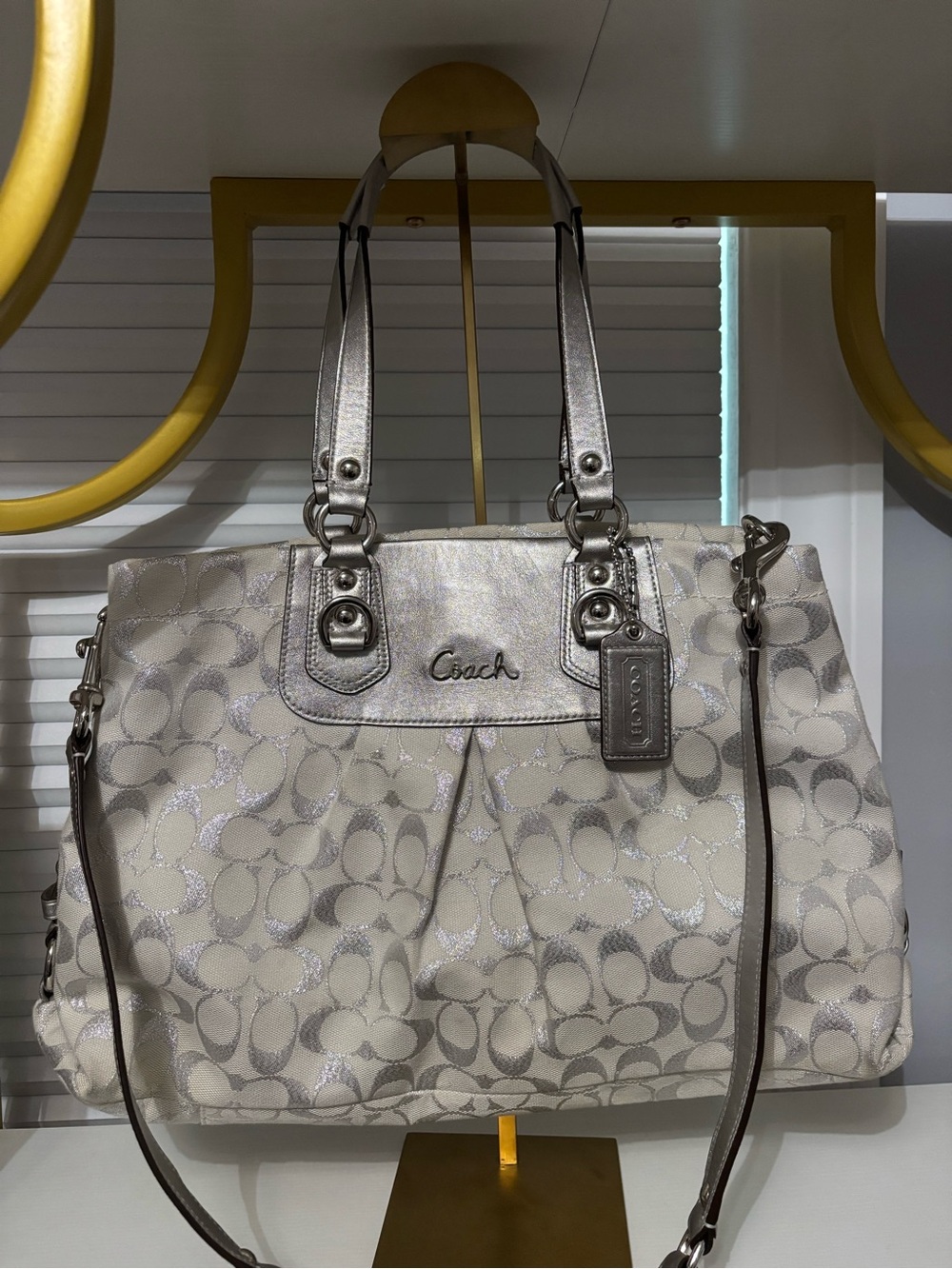 Coach Metallic Silver & Ivory Patterned Tote - Picture 1 of 8